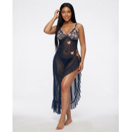Nuisette Longue en Maille Transparente et Papillons 3D - Bleu Marine / Bleu Nuit