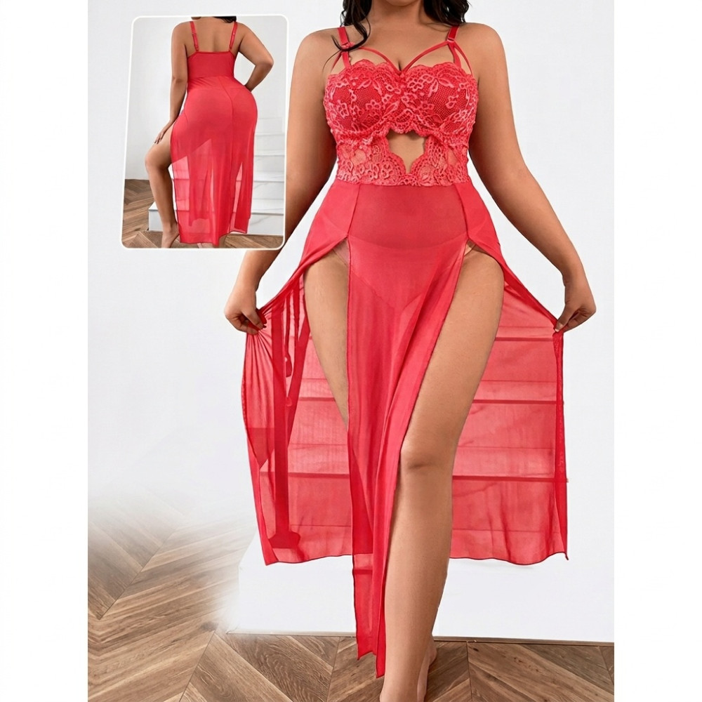 Nuisette Longue Style Corset en Voile et Dentelle - Rouge Passion