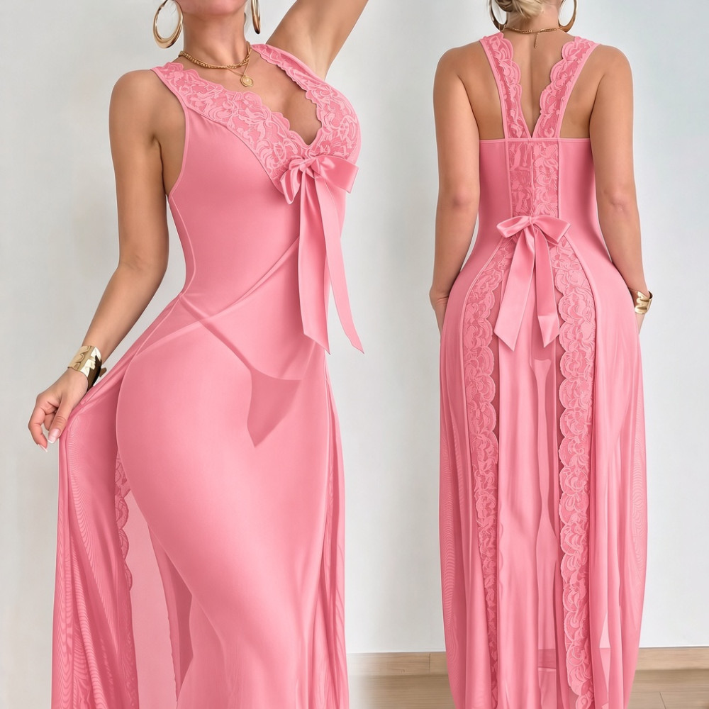 Nuisette Longue en Voile et Dentelle - Rose Bonbon