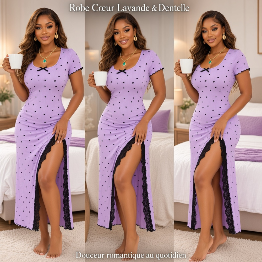 Femme posant de face et de dos portant une nuisette longue violette lilas à motifs cœurs avec fente haute bordée de dentelle noire