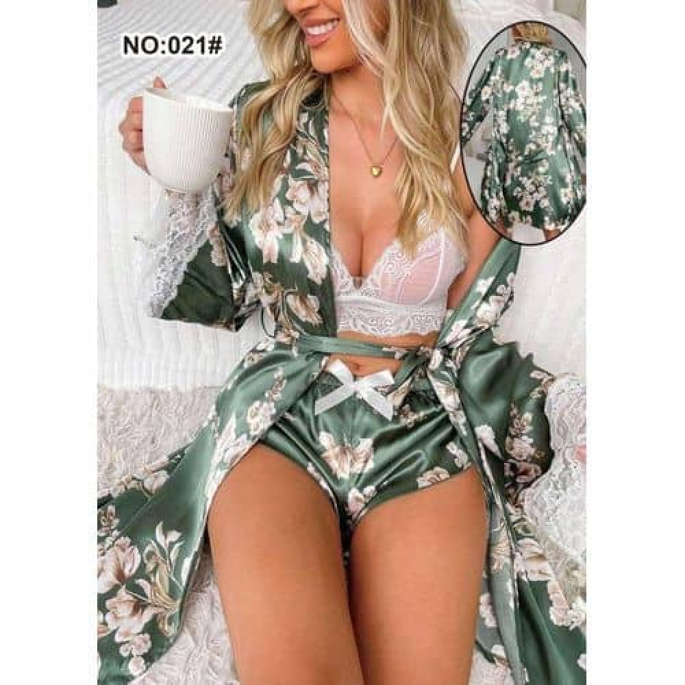 Ensemble Pyjama 3 Pièces en Satin Imprimé Fleuri - Vert Kaki / Olive