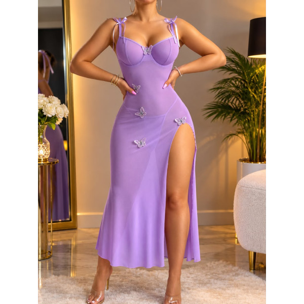 Nuisette Longue en Mesh Transparent et Papillons 3D - Violet / Lilas