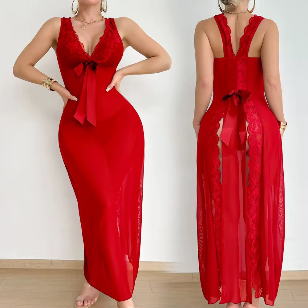 Nuisette Longue en Voile et Dentelle - Rouge Passion
