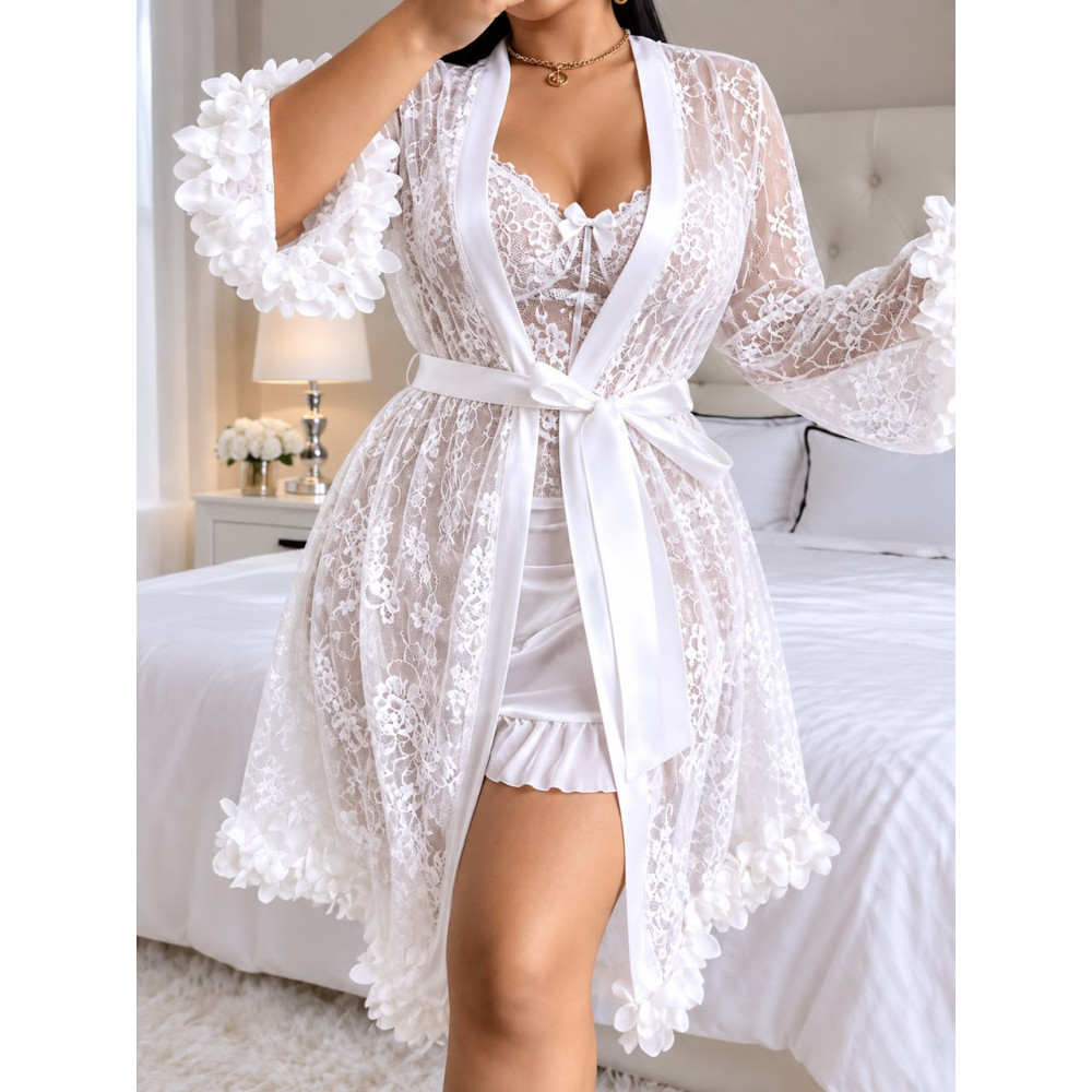 Ensemble Nuisette Corset et Kimono en Dentelle - Blanc Pur