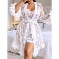 Ensemble Nuisette Corset et Kimono en Dentelle - Blanc Pur