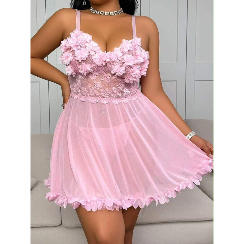 Nuisette Courte Babydoll en Mesh et Fleurs 3D - Rose Pastel Nuisette Courte Babydoll en Mesh et Fleurs 3D - Rose Pastel