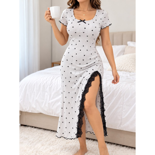Nuisette Longue en Coton Côtelé à Motifs Cœurs et Dentelle - Blanc Éclatant- taille XL