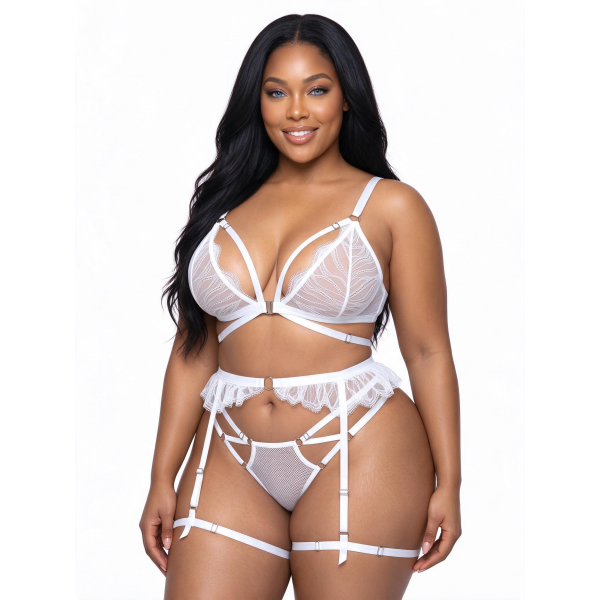Ensemble de Lingerie 3 Pièces en Maille et Dentelle avec Porte-Jarretelles - Blanc Éclatant
