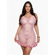 Nuisette Courte Babydoll en Maille à Pois et Plumes - Rose Bonbon