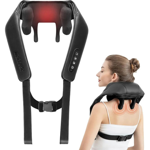 appareil-massage-cervical-chauffant-rechargeable-type-c-2000mah Une femme fermant les yeux de bien-être en utilisant un appareil de massage cervical gris autour du cou avec des détails textuels sur les boutons et la batterie 2000mAh