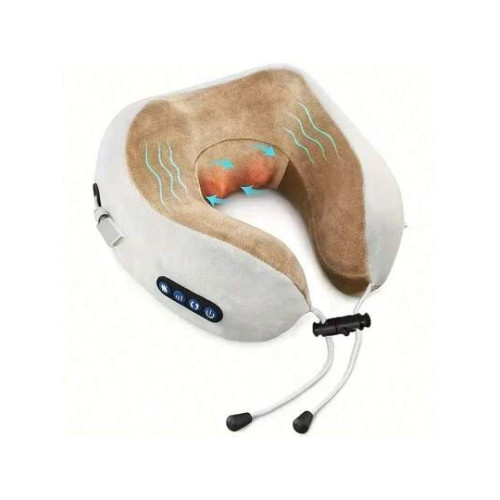 Coussin de massage cervical en forme de U marron et beige avec des boutons de contrôle et un cordon de serrage