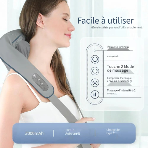 Une femme fermant les yeux de bien-être en utilisant un appareil de massage cervical gris autour du cou avec des détails textuels sur les boutons et la batterie 2000mAh