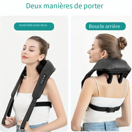 Une femme fermant les yeux de bien-être en utilisant un appareil de massage cervical gris autour du cou avec des détails textuels sur les boutons et la batterie 2000mAh