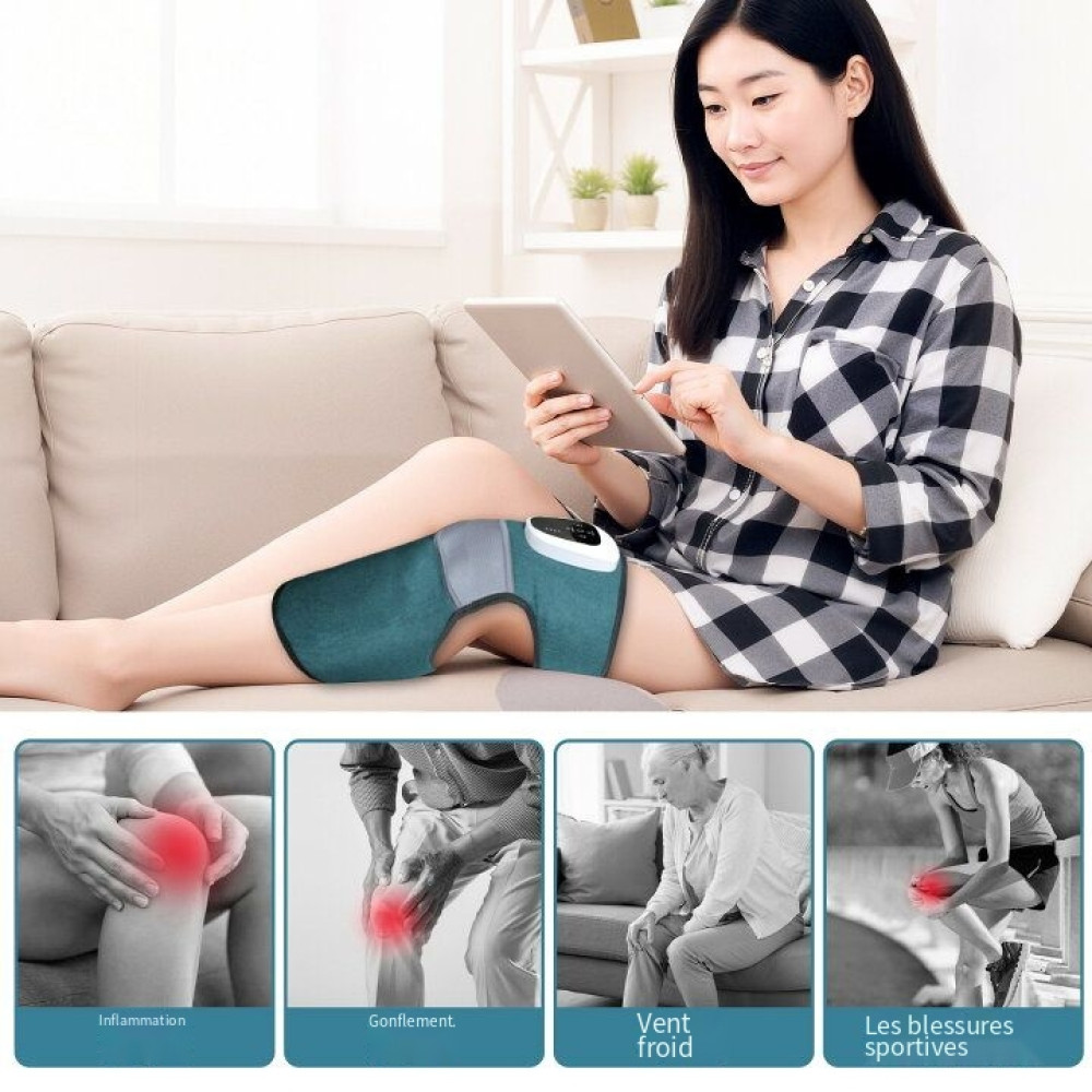Masseur de genou chauffant et vibrant ergonomique couleur bleu canard avec écran de contrôle LED tactile