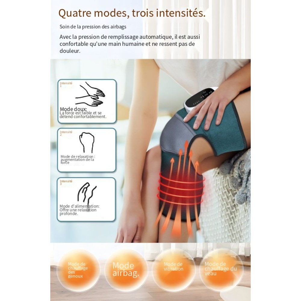 Masseur de genou chauffant et vibrant ergonomique couleur bleu canard avec écran de contrôle LED tactile