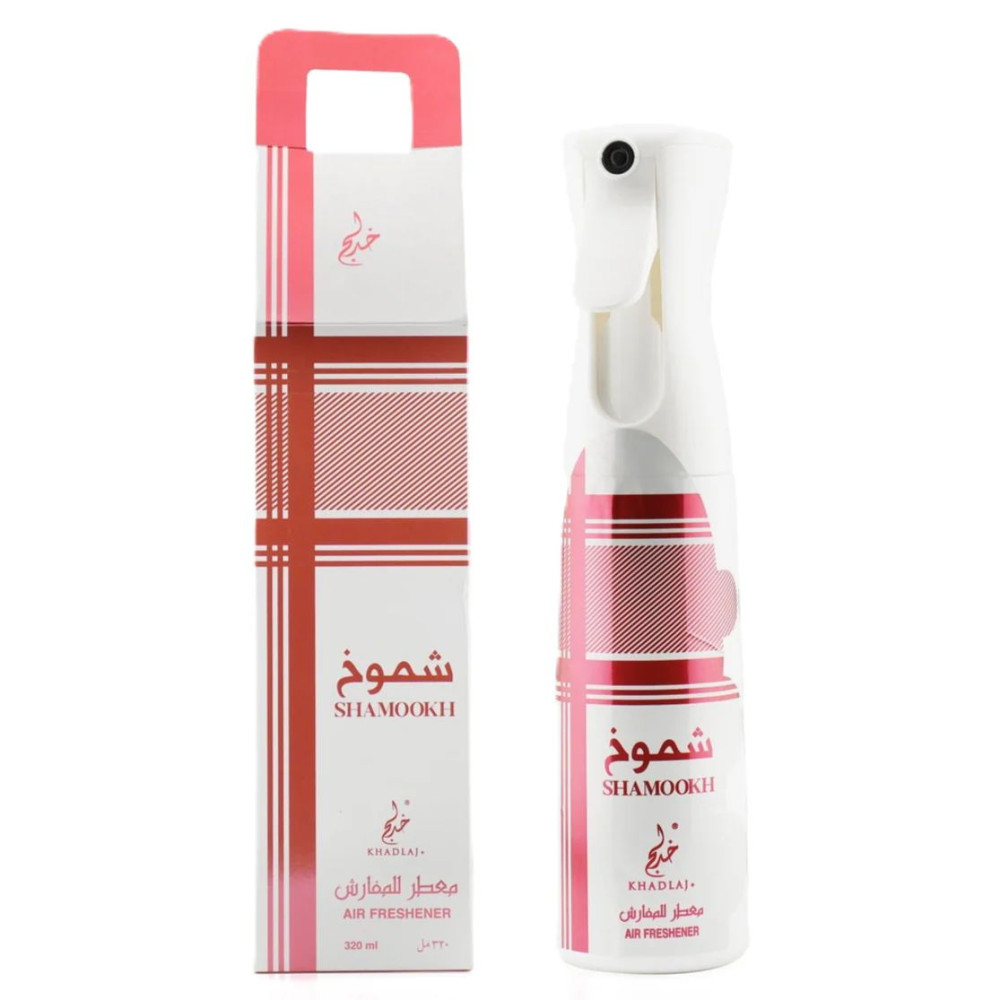 Flacon pulvérisateur blanc et emballage à motifs géométriques rouges du parfum de chambre Shamookh de Khadlaj Perfumes