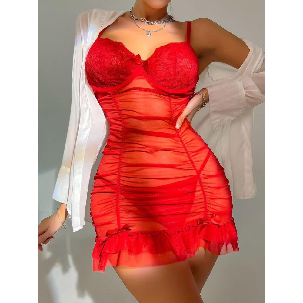 Nuisette Sexy en Dentelle et Voile Froncé Rouge Tailles Disponibles du S au XL Nuisette Sexy en Dentelle et Voile Froncé Rouge Tailles Disponibles du S au XL