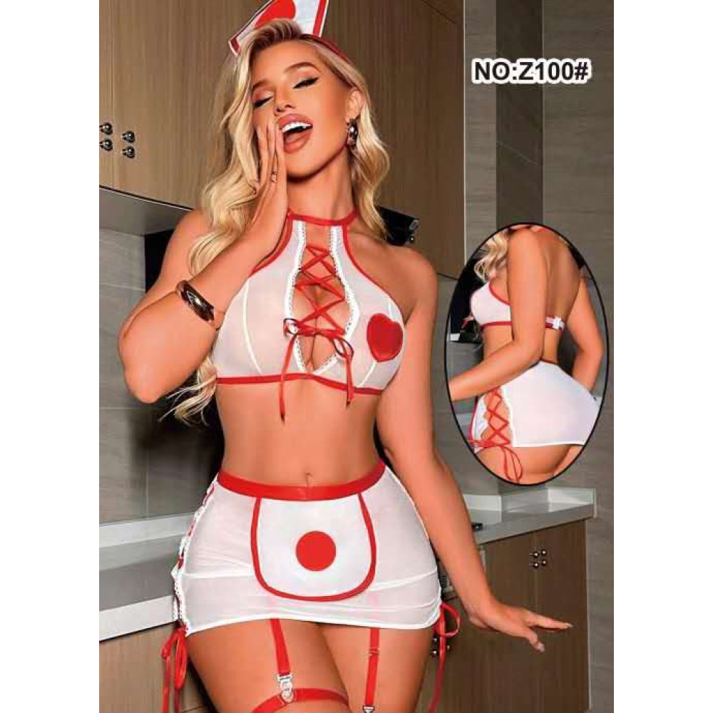 Ensemble lingerie infirmière de charme en tulle blanc et rouge