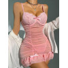 Nuisette Sexy en Dentelle et Voile Fronce Rose Tailles Disponibles du S au XL