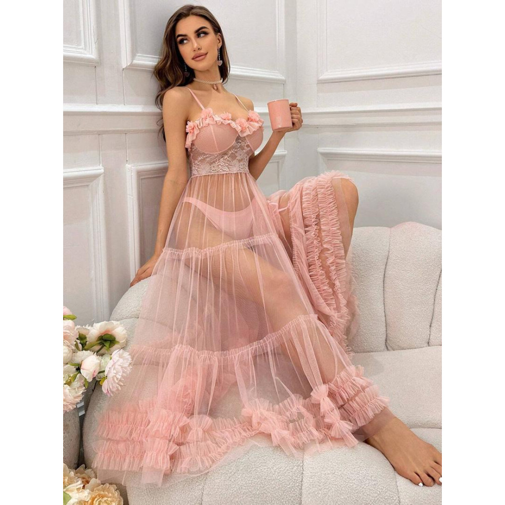 Robe Nuisette Longue Sexy en Tulle  Couleur Rose Poudre Taille Unique