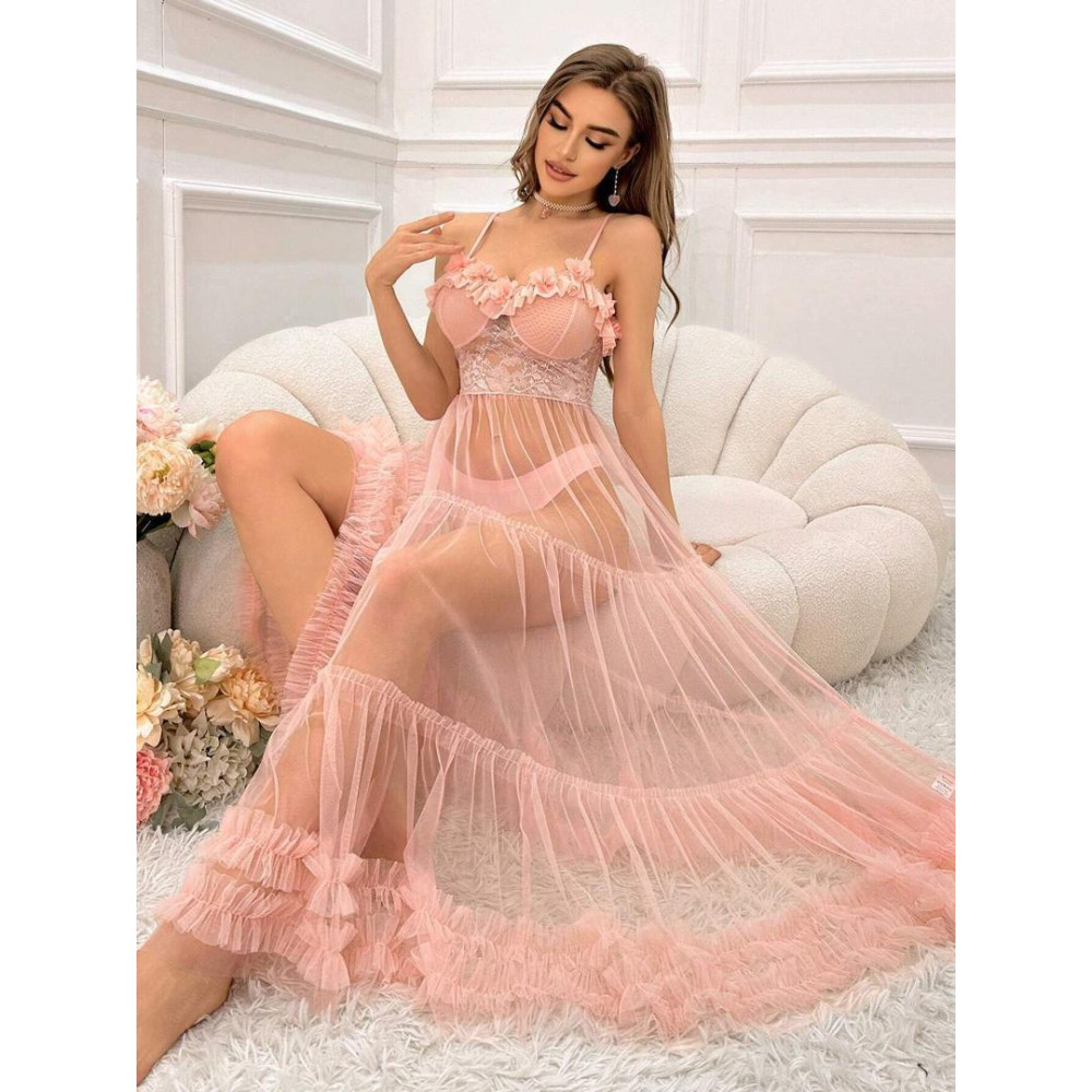 Robe Nuisette Longue Sexy en Tulle Couleur Rose Poudre Taille Unique Robe Nuisette Longue Sexy en Tulle Couleur Rose Poudre Taille Unique