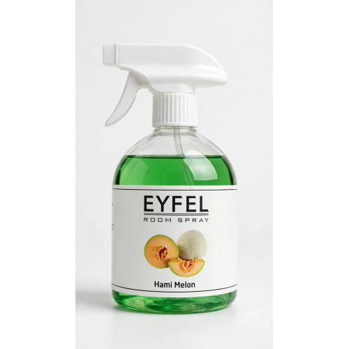 EYFEL Room Spray Hami Melon 500ml | Mbectemi Flacon pulvérisateur transparent de désodorisant EYFEL Room Spray de 500ml contenant un liquide vert clair avec une étiquette blanche affichant un melon hami entier et des tranches de melon coupées