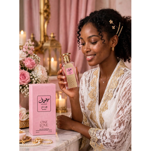 parfum-one-love-mousuf-wardi-50ml-mbectemi Flacon en verre transparent avec un jus rose et un bouchon couronne doré ciselé, posé à côté de sa boîte rectangulaire rose poudré affichant les marques Mousuf Wardi et One Love Eau de Parfum 50ml.