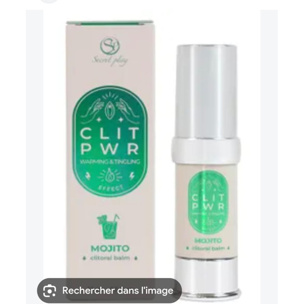 Flacon pompe argenté et boîte blanche et verte de Secret Play Clit Pwr Mojito Clitoral Balm posés de face sur fond blanc
