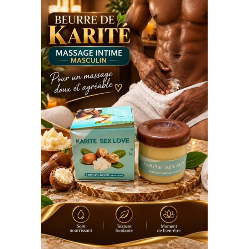 Beurre de karité massage intime homme Pot et boîte de beurre de karité KARITE SEX LOVE posés sur un plateau en marbre à côté de noix de karité, avec un homme en arrière-plan