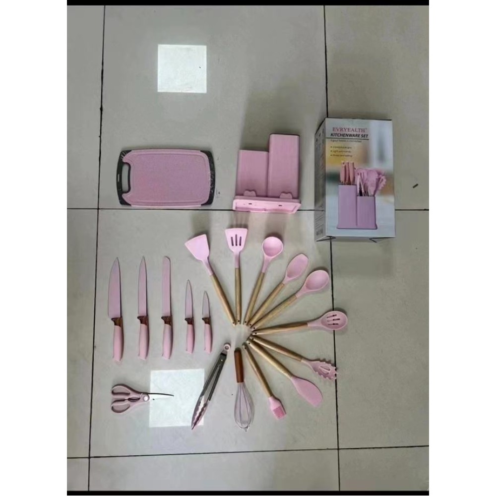 Ensemble d'Ustensiles de Cuisine 19 Pièces – Gel de Silicone avec Manche en Bois, Planche à Découper et Seau de Rangement Ensemble d'Ustensiles de Cuisine 19 Pièces – Gel de Silicone avec Manche en Bois, Planche à Découper et Seau de Rangement