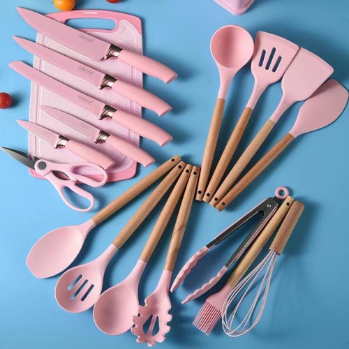 Ensemble d'Ustensiles de Cuisine 19 Pièces – Gel de Silicone avec Manche en Bois, Planche à Découper et Seau de Rangement Ensemble d'Ustensiles de Cuisine 19 Pièces – Gel de Silicone avec Manche en Bois, Planche à Découper et Seau de Rangement